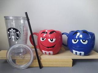 Starbucks cold cup reusable straw and M&amp;Ms mugs