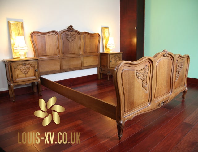 Louis XV Bed Carved Oak &amp; A pair of Nightstands