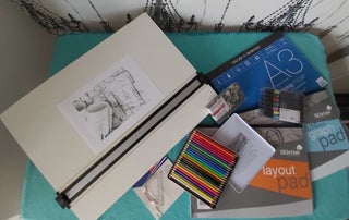 A2 drawing board and colouring materials